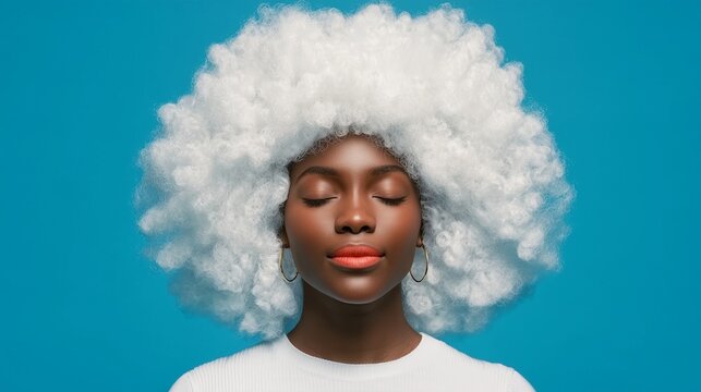 Peaceful Black Woman with Cloud Hair Meditating for Emotional Wellness