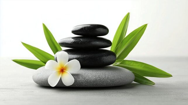 Stack of Zen Basalt Stones with White Plumeria Flower and Green Leaves for Spa and Wellness