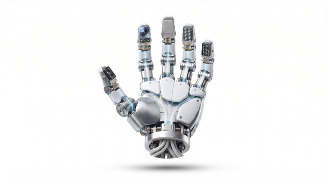 Futuristic robotic hand with open palm, advanced bionic prosthetic arm concept, silver mechanical cybernetic hand on white background