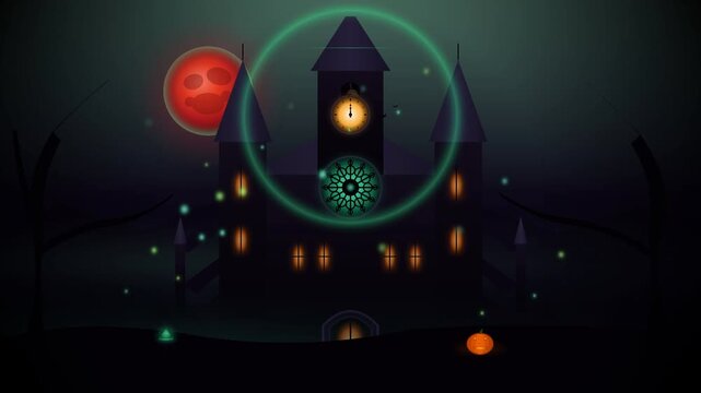 Spooky Halloween Night Haunted Castle with Red Moon, and Eerie Glow  Glowing Pumpkin.