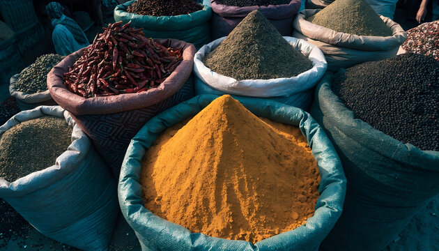 Colorful Market Display of Spices, Seeds, and Dried Ingredients in Traditional Burlap Sacks