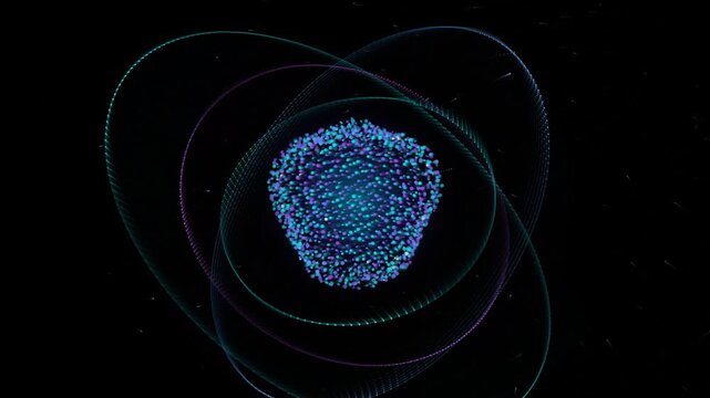 Abstract digital atom model with rotating orbital rings and glowing particle core
