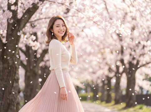桜並木を背景に振り返り微笑む美しい女性