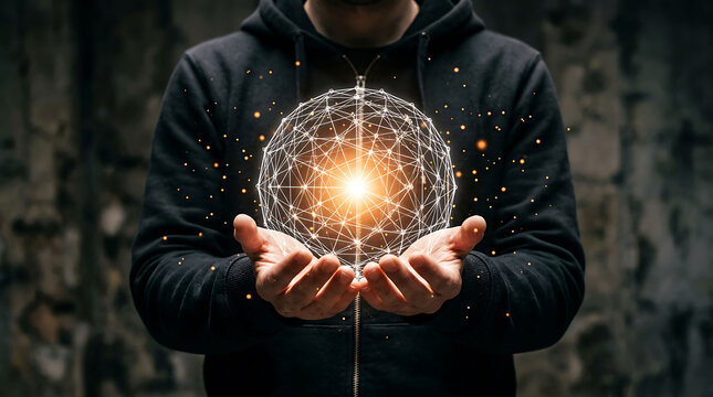 Man holding glowing geometric network sphere representing futuristic technology