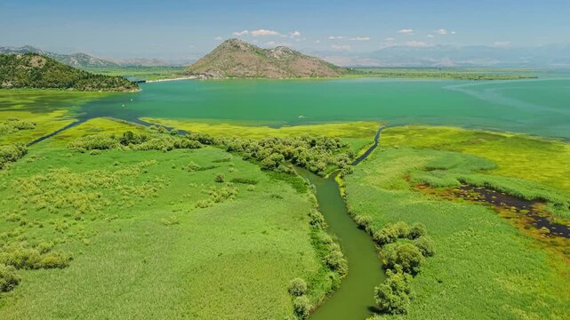 Aerial View of Boats on Green Channel at Skadar Lake, Montenegro