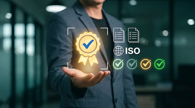 Businessman holding ISO quality certification guarantee and standard compliance badge