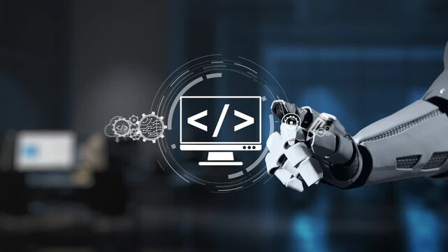 A robotic hand is depicted engaging with a computer screen that showcases code symbols and various digital icons, representing advanced technology and innovation. Salient