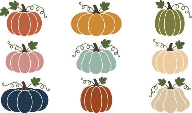 Halloween pumpkin icon set with colorful autumn pumpkins, orange, green, pink, blue and brown gourd shapes and curly vine stem vector collection