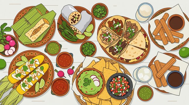 An illustrated top-down collection of vibrant Mexican street food featuring tamales, burritos, tacos, elote, nachos, guacamole, churros, and salsas.   