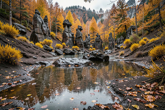 Limestone Tufa Towers and Autumn Foliage Surrounding a Mountain Stream