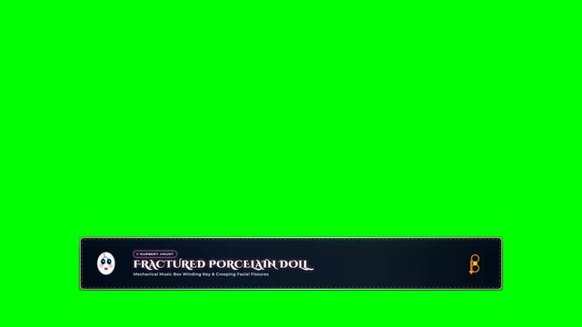Lower third graphic featuring a creepy porcelain doll icon on green screen
