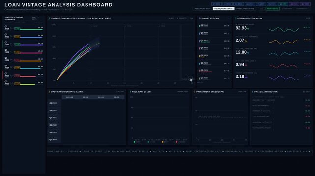 Explore a dark-mode loan vintage analysis dashboard showcasing repayment behavior across various origination cohorts with stunning visual precision and detailed analytics.