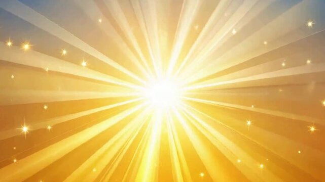 Bright golden sunburst with radiant light beams and sparkling stars on a warm yellow background. spinning video