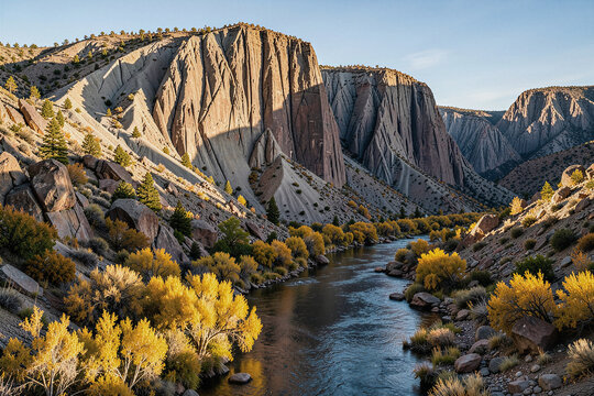 Rugged Welded Tuff Canyon and Golden Autumn River Landscape