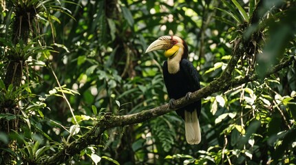 Fototapeta premium Majestic Hornbill Bird Perched Majestically on a Branch in Dense Tropical Rainforest Jungle Foliage 2K High Definition Professional Wildlife Photo