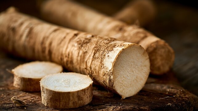 Fresh organic horseradish root on a rustic wooden cutting board.