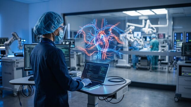 Medical engineer analyzing cardiovascular hologram in high-tech operating theater observatory with cinematic lighting for healthcare marketing