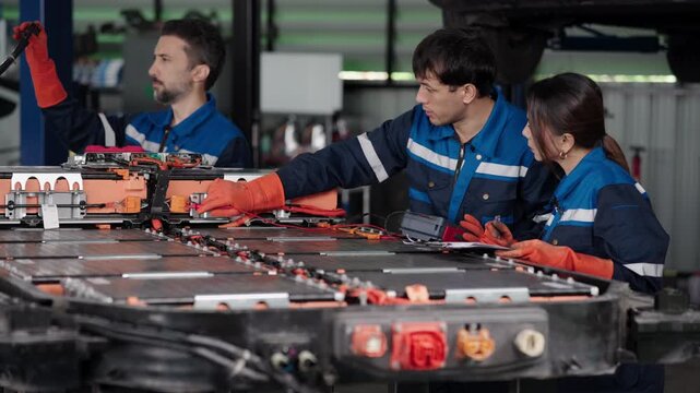 Mechanics check an electric car battery pack and take notes, the front technician moving probes between high voltage connectors