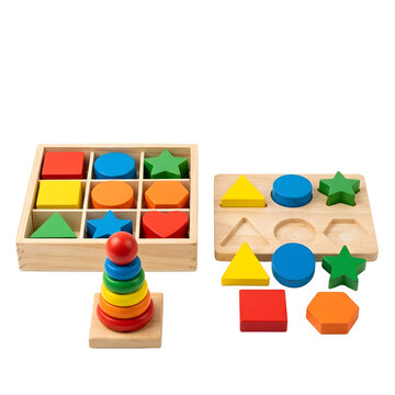 Colorful wooden educational sorting and stacking toys on transparent background