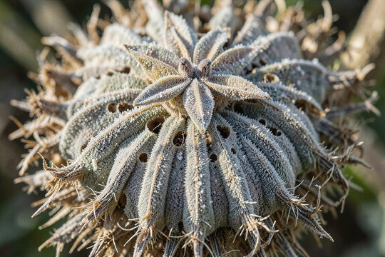 Extreme macro view of a frost covered architectural dried seed capsule