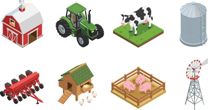 Isometric vector set of farm elements red barn tractor cattle livestock and agricultural machinery