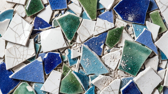 Blue and green ceramic tile shards arranged as a textured mosaic