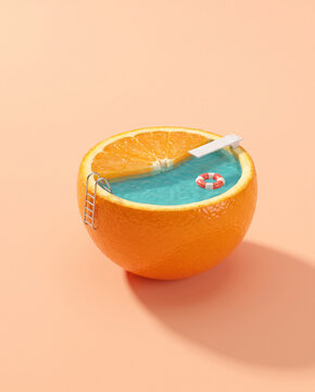 Surreal miniature swimming pool inside an orange with a diving board and swim ring