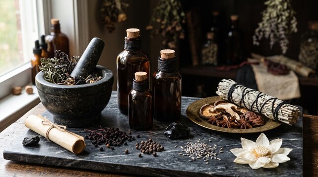 45-degree elevated three-quarter close-up still life photograph of a beautifully styled Halloween apothecary arrangement on a dark marble slab, the composition featuring a stone mortar and pestle hold