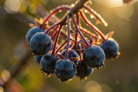 Macro Close Up of Frost Covered Elderberries on Carmine Stems at Sunset