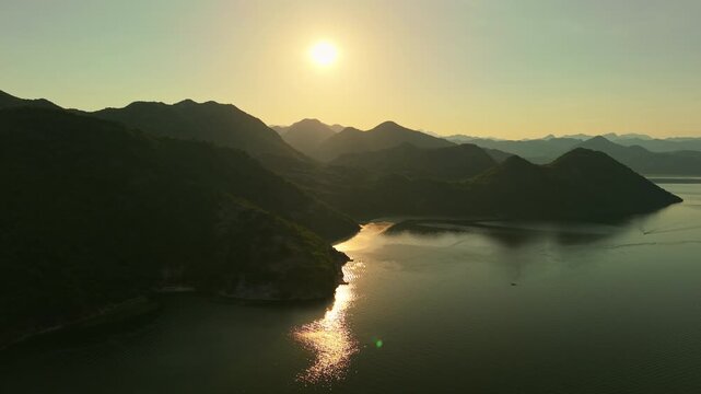 Sunset Aerial View of Skadar Lake and Mountainous Shoreline, Montenegro