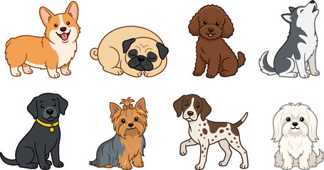 Fototapeta premium Vector cartoon set of cute purebred dogs and domestic puppy breeds
