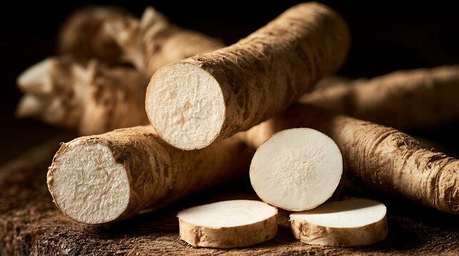 Fresh organic horseradish root and slices on a wooden surface.