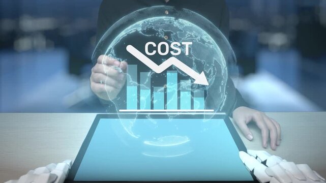 A businessman interacts with a tablet displaying a cost trend graphic, showcasing a decline in data, set against a high-tech office background. Salient