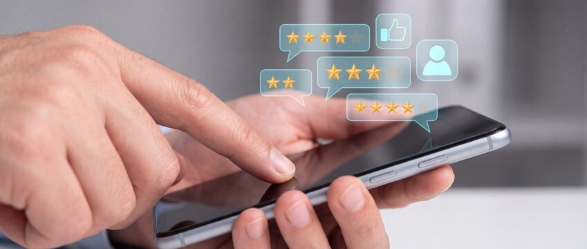 A close-up shot of a person's hands using a smartphone, with glowing star ratings and icons hovering above the screen, symbolizing online feedback and user experience.
