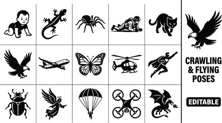 Obraz premium Collection of black and white silhouette featuring various crawling and flying creatures, animals, insects, and vehicles on white