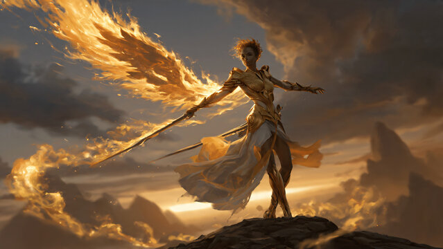 Mythical Warrior Wielding Flaming Sword on Cliff.