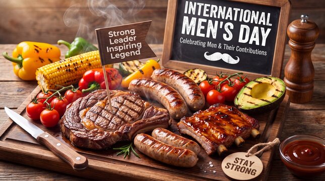 international men s day celebration rustic wooden board with fresh meats vegetables fruits and patriotic banner for hearty food photography