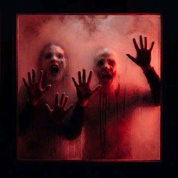 Two terrified individuals with ghastly faces and pale skin press their hands against a fogged-up glass, their mouths wide open in screams, illuminated by an eerie red glow that drips down the surface.