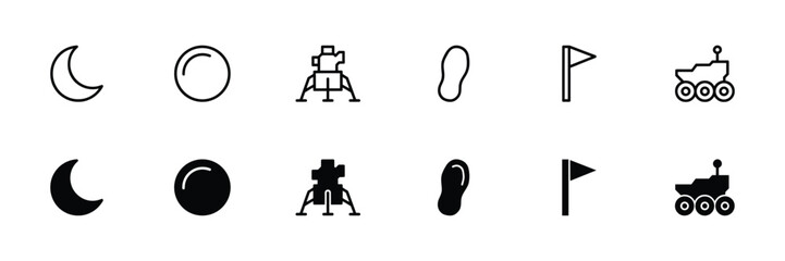 Moon landing icon set with lunar lander and footprint and rover © MdAbdur