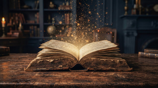 Ancient Open Book Emitting Magical Golden Light in a Mysterious Library
