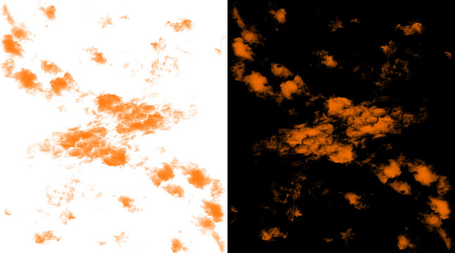 Orange smoke textures on black and white backgrounds, abstract fire cloud elements for graphic design, atmospheric orange nebula effects and smoke overlays