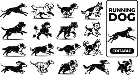 Obraz premium Collection of running dog silhouettes featuring various breeds in dynamic motion poses in a black and white style