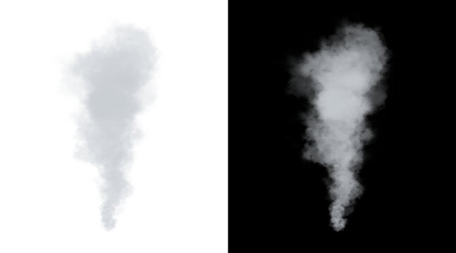 Atmospheric white smoke plume and steam vapor, isolated vertical fog cloud on black and white background, realistic volumetric smoke effect