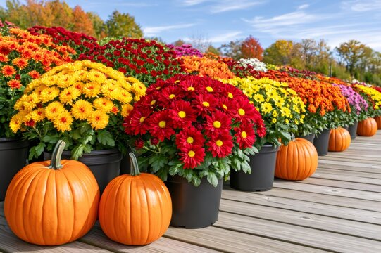 Vibrant autumn chrysanthemums and pumpkins decorating outdoor display