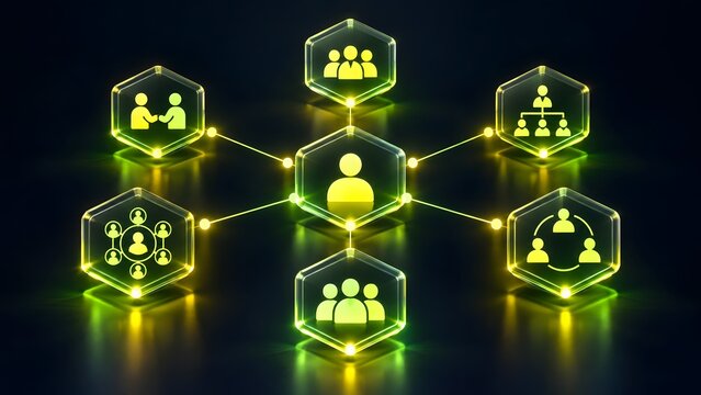 Glowing Green Hexagonal Icons Showing Business Organization and Corporate Team Hierarchy
