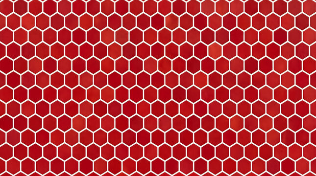 Red hexagonal mosaic tile wall texture background ruby red ceramic hexagon honeycomb grid pattern for modern kitchen backsplash and bathroom interior decor