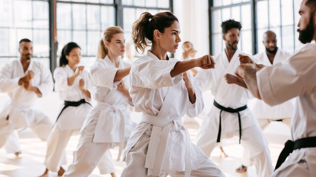 A diverse group of people practicing karate moves in a bright studio