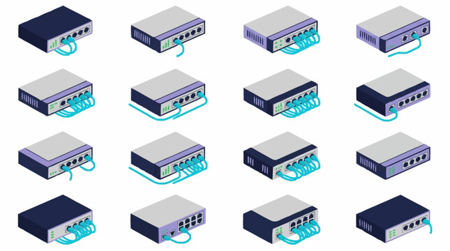 Clean Isometric of Network Switches with Various Ethernet Cable Connections in Blue and Dark Colors