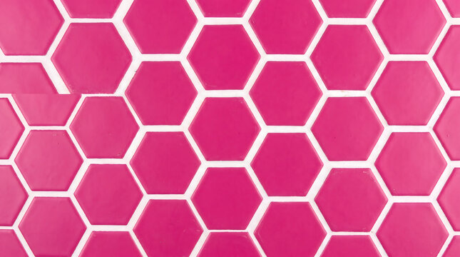 Magenta pink hexagonal mosaic tile wall texture background bright honeycomb geometric grid pattern for modern bathroom backsplash and interior feature wall