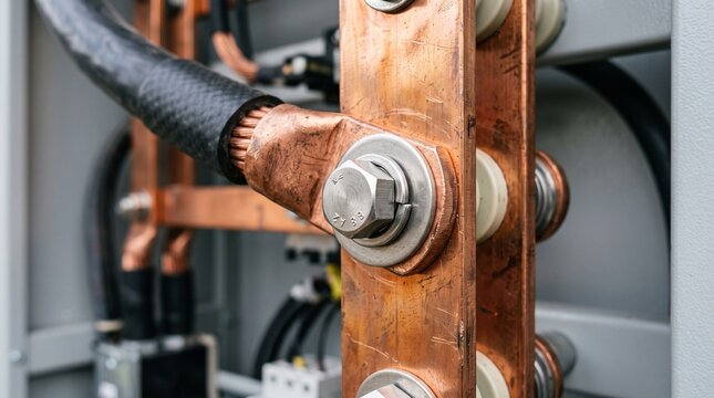 Electrical cables bolted to copper busbars in an industrial